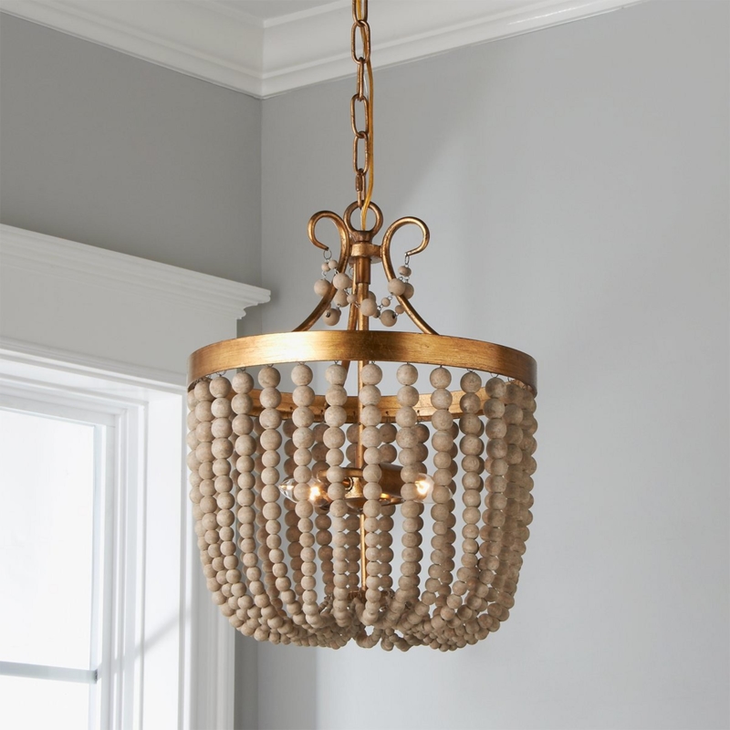 Rustic Glam Mini Chandelier, Draped Wood Beads Antique Gold