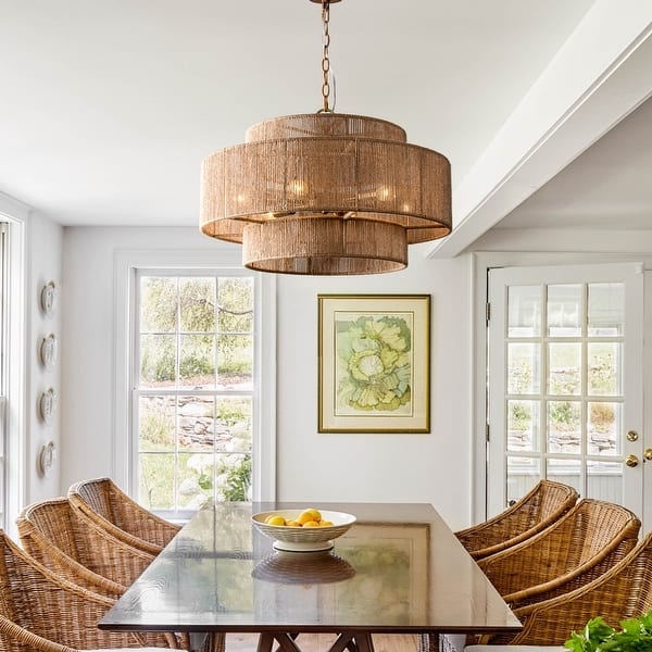 Rustic Hemp Rope Wrap Drum Chandelier Three Concentric Rings Bohemian