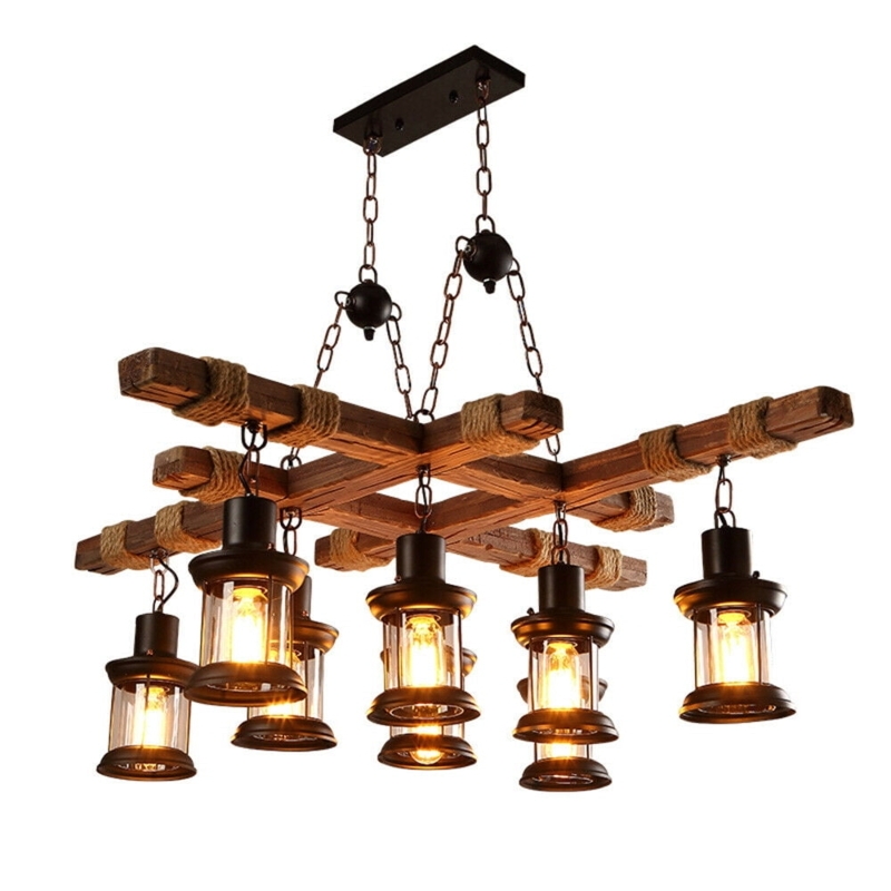 Rustic Industrial Chandelier Hurricane Glass Shades Wood Wheel