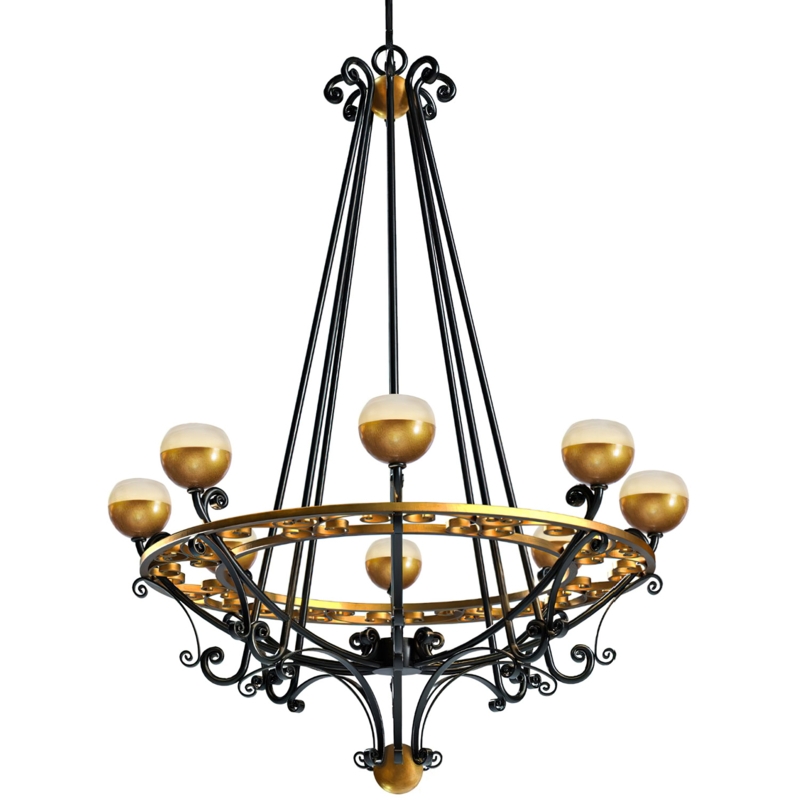 Rustic Iron Hoop Chandelier, Ornate Scrollwork, Amber Stone Shades.