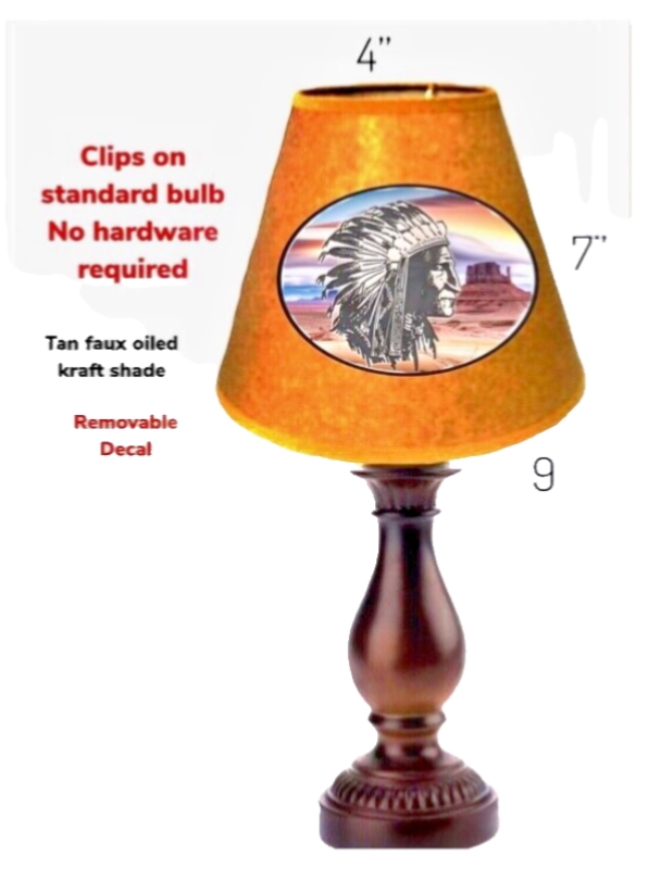 Rustic Lamp Shade, Native American Chief Portrait, Whip-Stitch Trim, Clip-On.