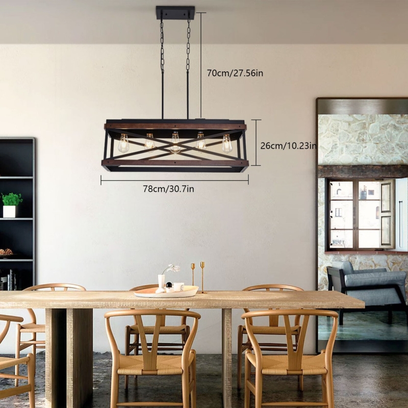 Rustic Linear Chandelier Wood Beam Accent Five Exposed Lights