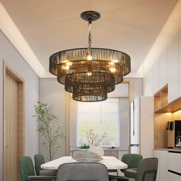 Rustic Nautical Dining Room Fixture: 4-Tier Hemp Rope Chandelier