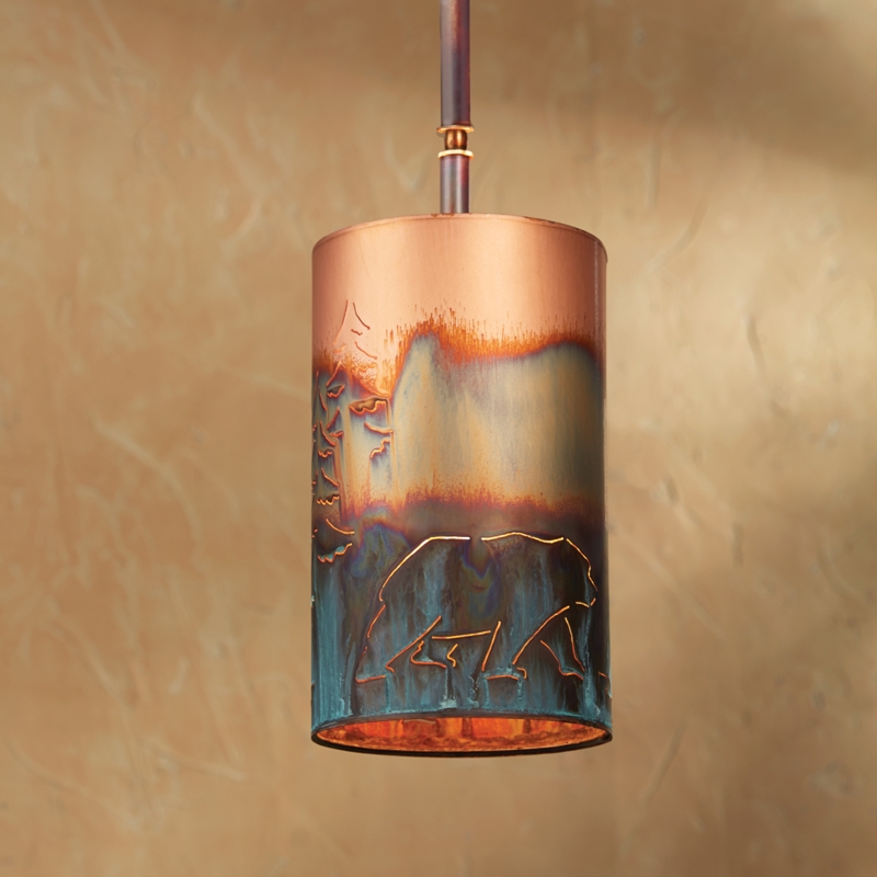 Rustic Pendant Light with Bear Silhouette Cutout and Amber Lining