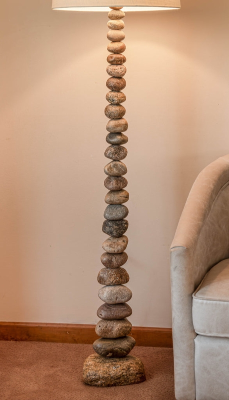 Rustic Stacked Stone Floor Lamp with Neutral Drum Shade