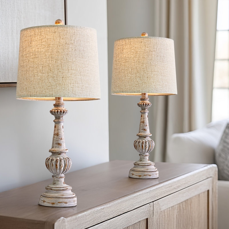 Rustic Table Lamp Set of 2 Distressed Gray Urn Base Weathered Patina