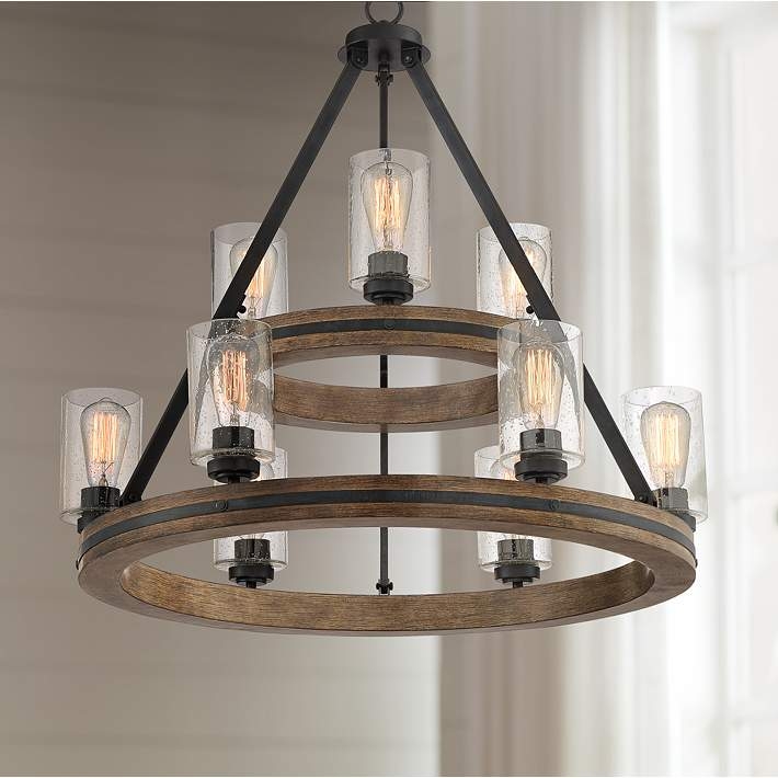 Rustic Two-Tier Wagon Wheel Chandelier with Exposed Edison Bulbs
