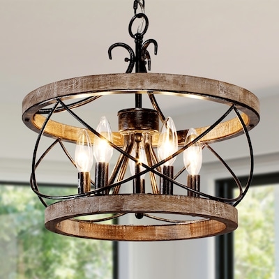 Rustic Wagon Wheel Frame Chandelier Distressed Brown Finish Six-Light