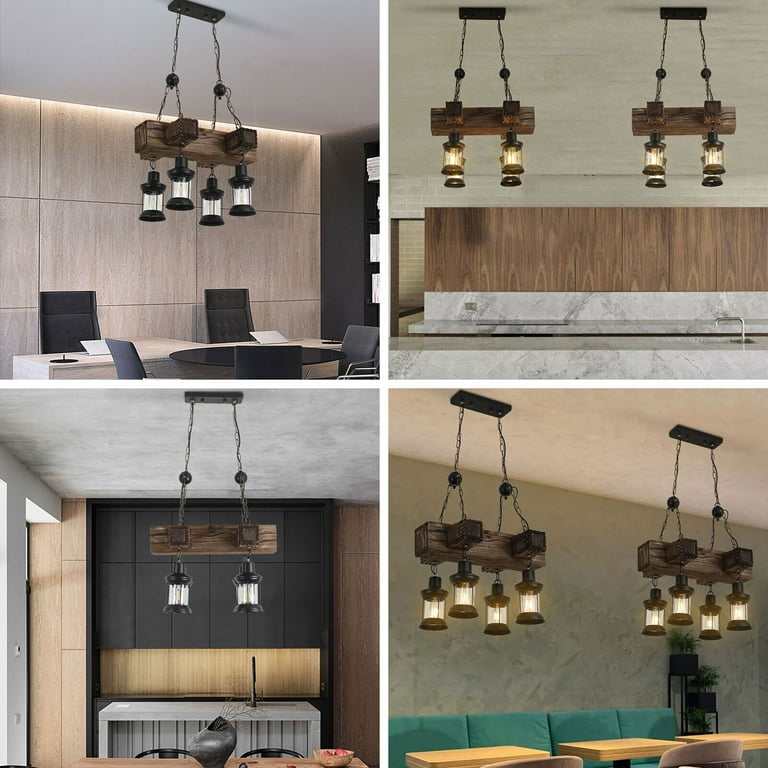 Rustic Wood Rectangular Chandelier With Black Metal X-Brace Cage Design