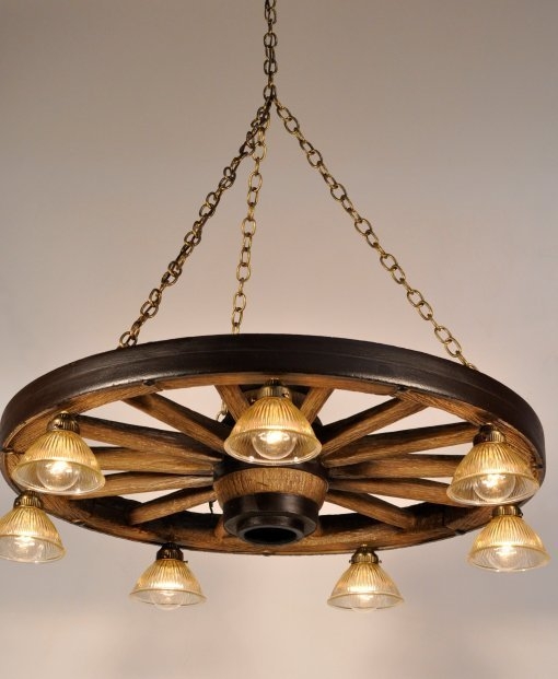 Rustic Wood-Toned Wagon Wheel Chandelier with Integrated Downlights