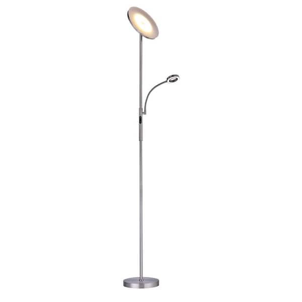 Satin Nickel Torchiere Floor Lamp with Integrated Adjustable Reading Arm