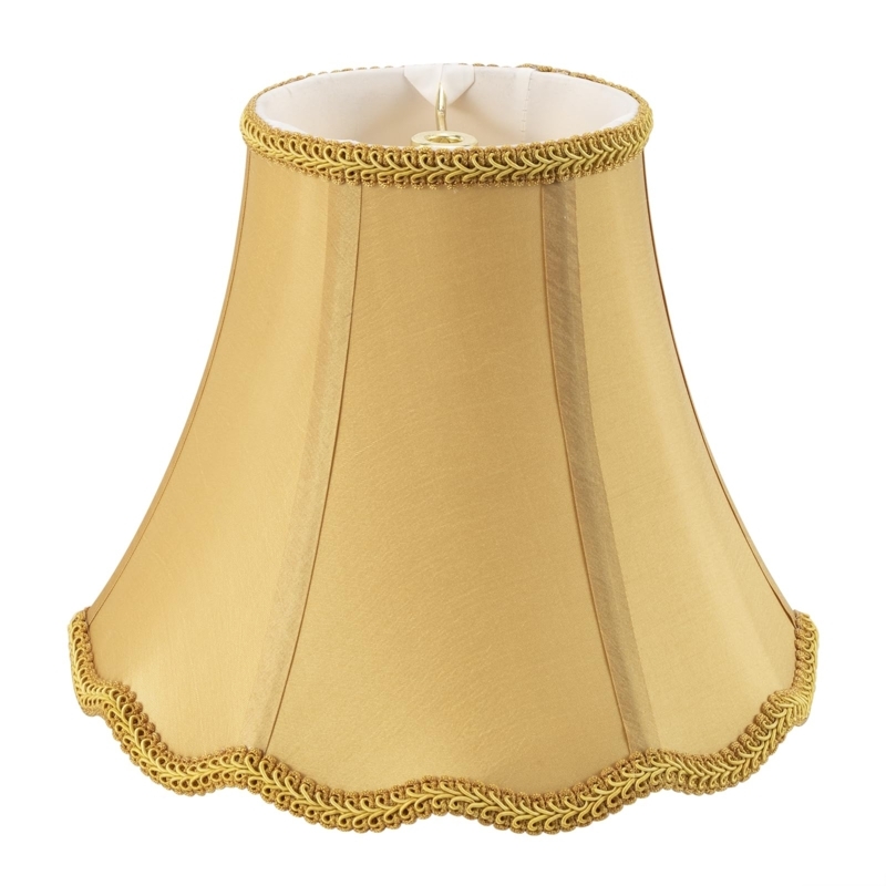 Scalloped Bell Lampshade, Gold Fabric, Vertical Piping, Polished Finish