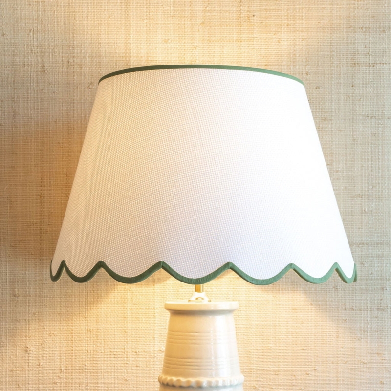 Scalloped Grasscloth Lampshade Green Trim Empire Shape