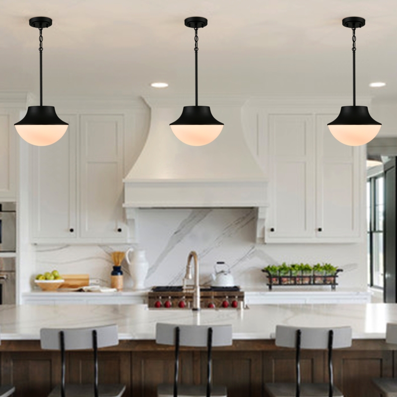 Scandi Style Pendant Trio with Wood Neck Accents, Matte Black
