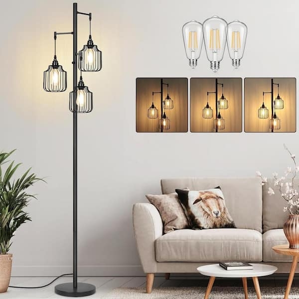 Scandinavian Black Tree Floor Lamp, Three Edison Bulbs, Matte Finish