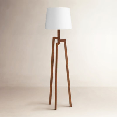 Scandinavian Floor Lamp: Light Wood Tripod Base, White Drum Shade.