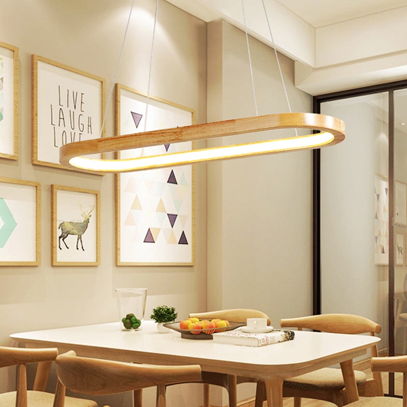 Scandinavian Oval Pendant Light with Integrated Wood Rim and LED