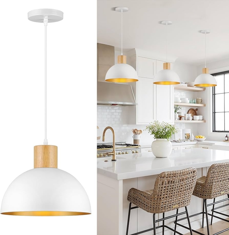 Scandinavian White Pendant Light with Wood Accent Dome