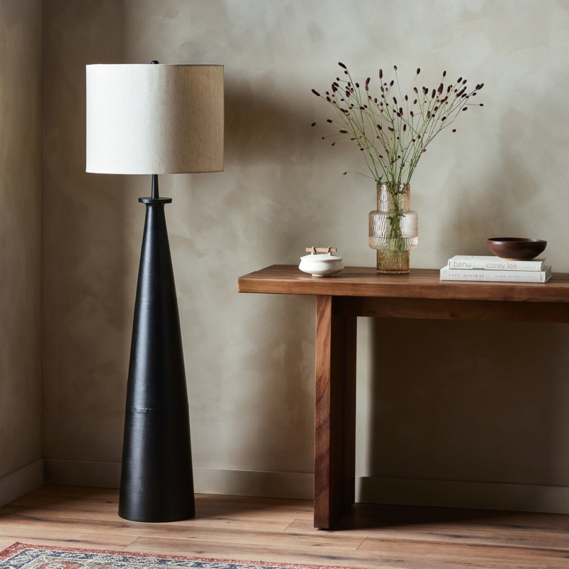 Sculptural Arched Floor Lamp Cast Aluminum with Tapered Bell Shade