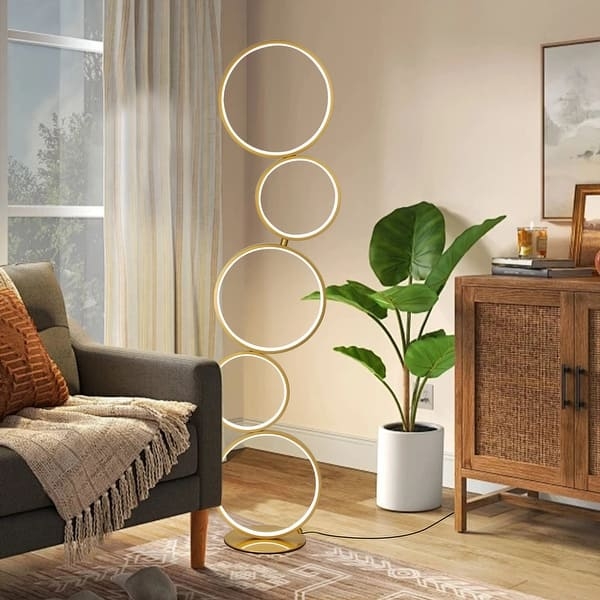 Sculptural Black LED Floor Lamp, Five-Ring Design, Modern Minimalist