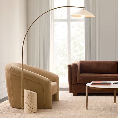 Sculptural Cylindrical Stone Base Floor Lamp with Brass Stem