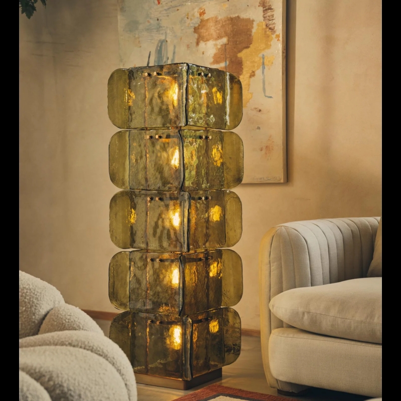 Sculptural Floor Lamp Smoky Grey Hand Blown Glass Stacked Base