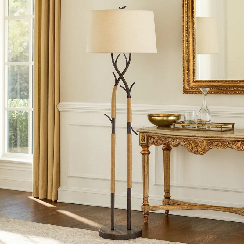 Sculptural Floor Lamp Tree Branch Base Black Drum Shade Organic Style