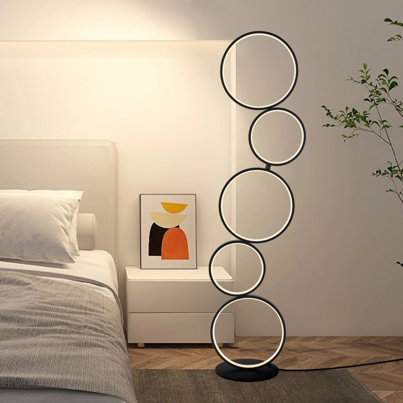 Sculptural Gold Floor Lamp with Five Interlocking LED Rings for Modern Living