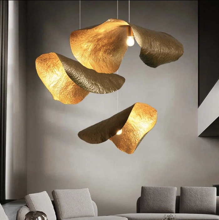 Sculptural Pendant Light Textured Brass Leaf Design Postmodern Glam