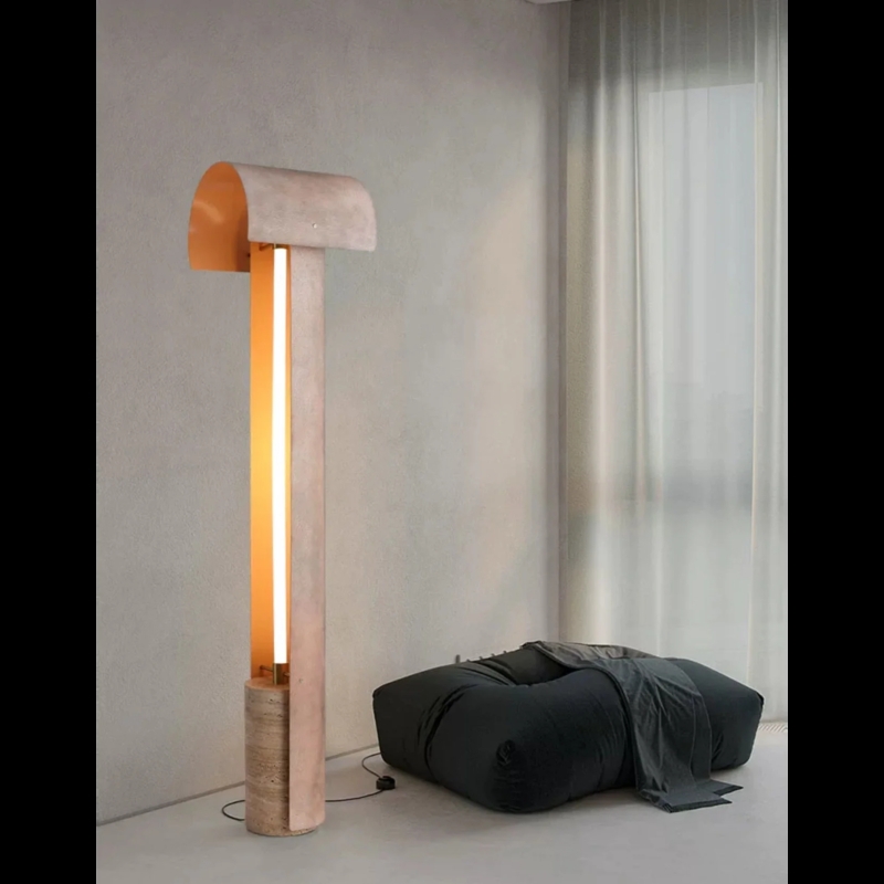 Sculptural Travertine Floor Lamp Column with Gold Accents