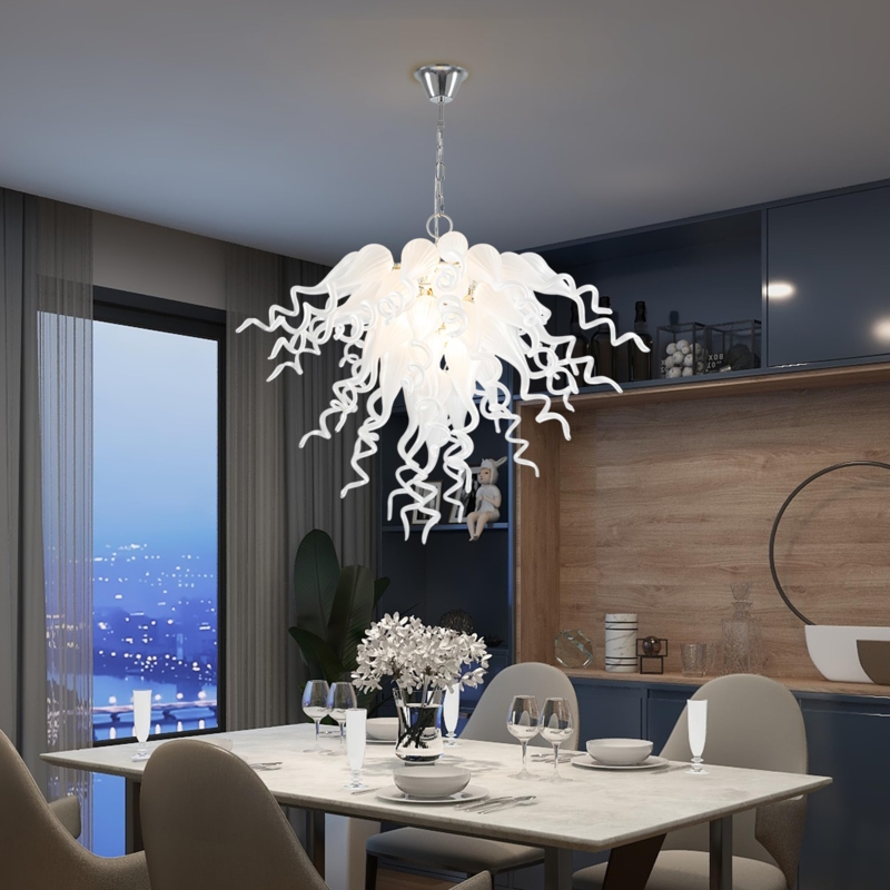Sculptural White Hand Blown Glass Chandelier Art Deco Plumes