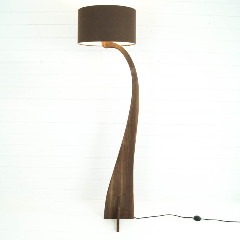 Sculptural Wood Floor Lamp with Curved Silhouette and Drum Shade