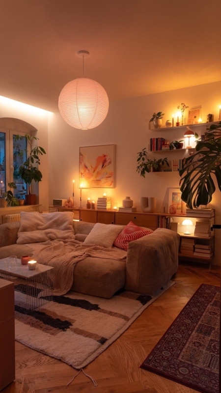 Sectional Sofa Slate Blue String Lights Layered Textiles Cozy Hygge