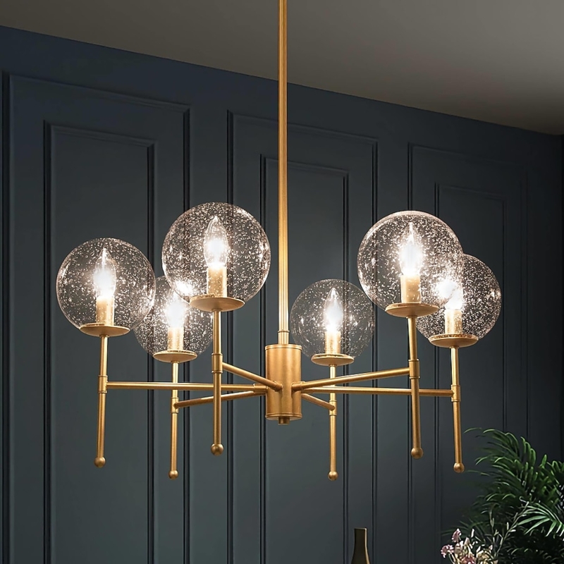 Seeded Glass Globe Chandelier, Matte Finish Mid-Century Modern