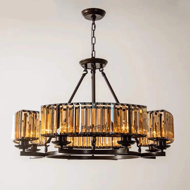 Semi-Flush Mount Chandelier Gold Trim Crystal Glass Slats Glam Style