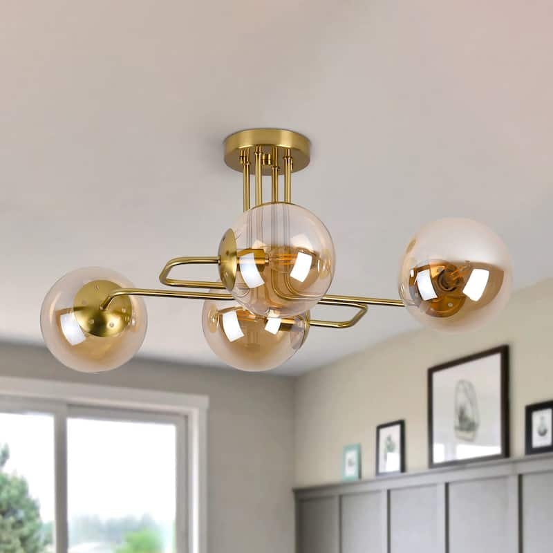 Semi Flush Mount Chandelier Milk Glass Globes, Linear Brass Frame