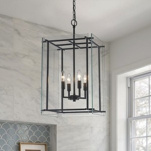 Semi-Flush Mount: Matte Black Metal Square Cage with Clear Glass Panels