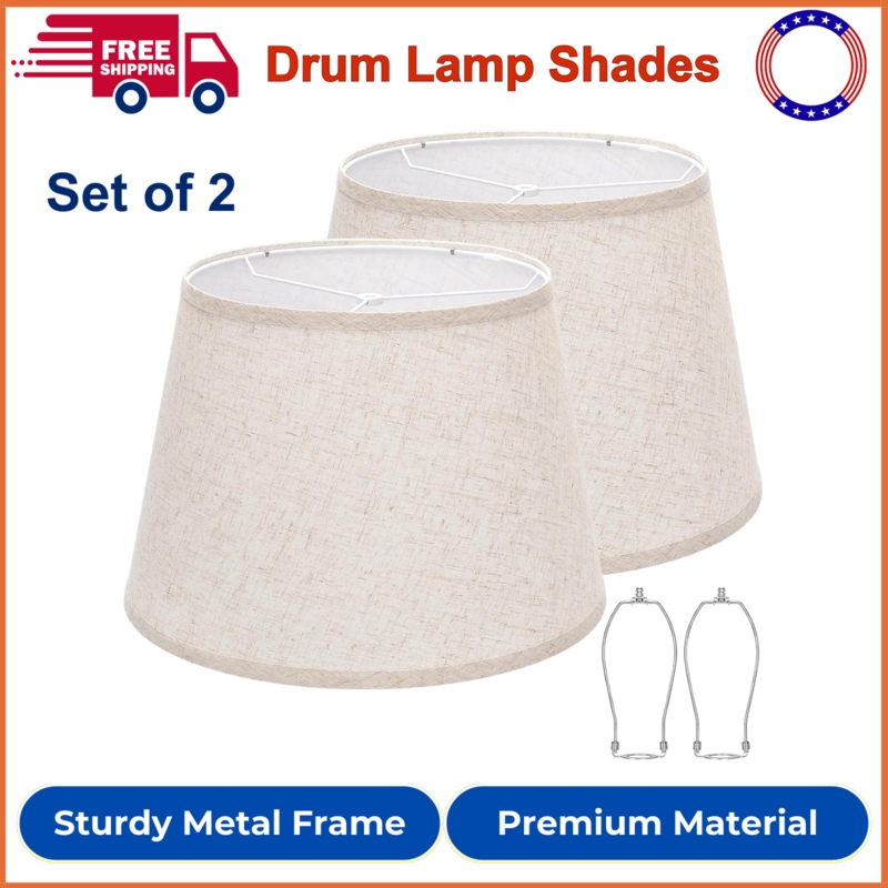 Set of 2 Beige Textured Linen Tapered Drum Lamp Shades