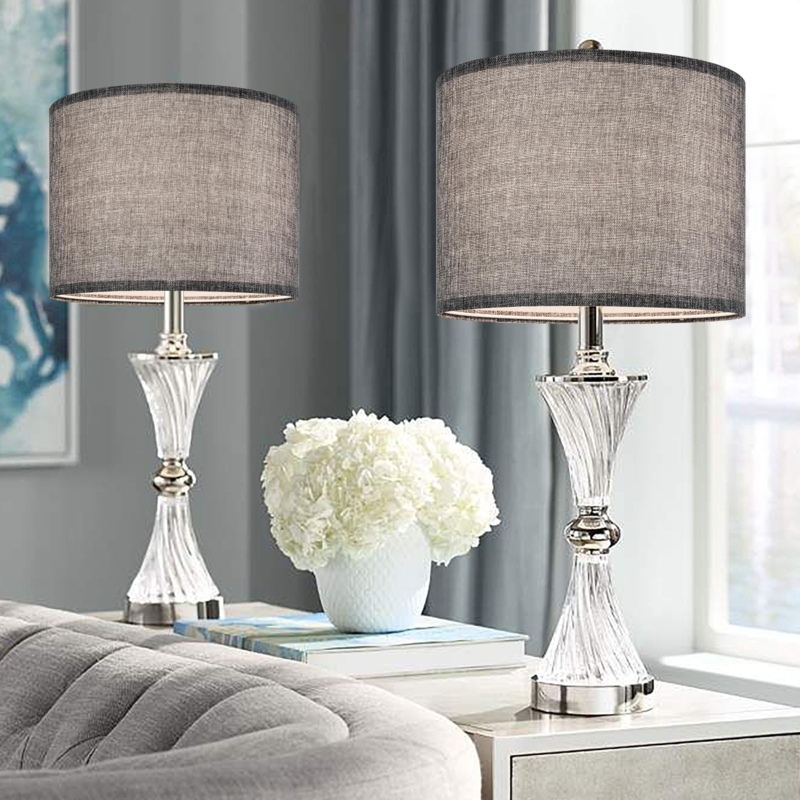 Set of 2 Drum Lamp Shades in Mid-Gray Woven Fabric