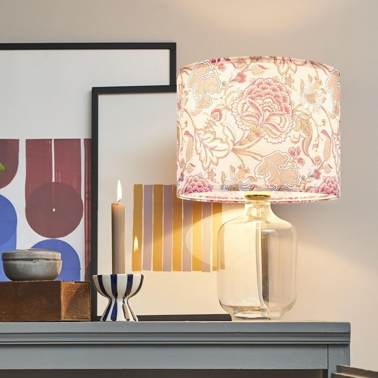 Set of 2 Linen-Textured Drum Lamp Shades with Botanical Print