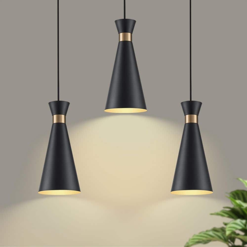 Set of 3 Matte Black Cone Pendant Lights with Gold Accents