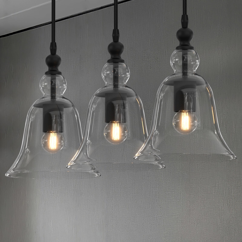 Set of 3 Pendant Lights Clear Glass Bell Matte Black Industrial