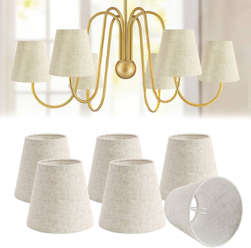 Set of 6 Mini Chandelier Lamp Shades Off-White Textured Linen