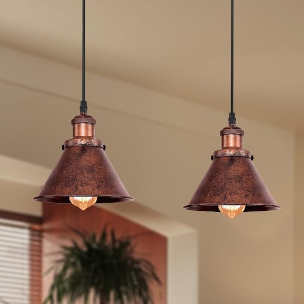 Set of Two Mini Pendant Lights, Antique Copper Cone Shades
