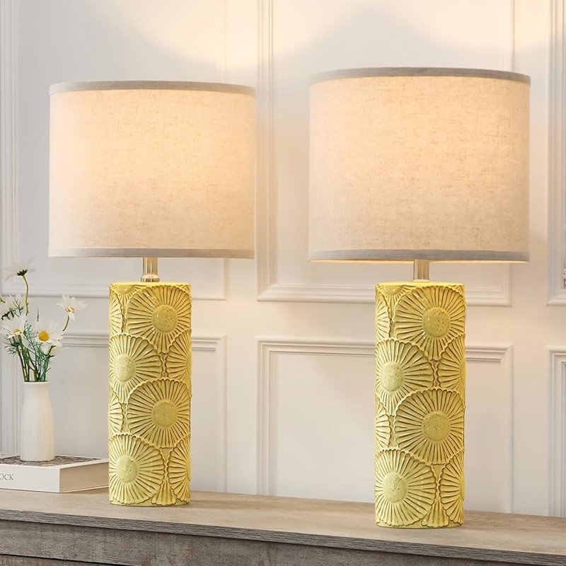 Set of Two Table Lamps: Matte Yellow Ceramic with Debossed Floral Pattern.