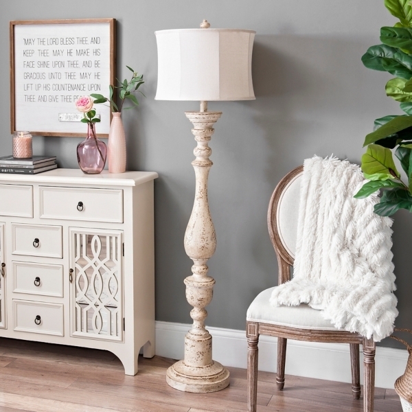 Shabby Chic Floor Lamp: Heavily Distressed Cream Spindle Base
