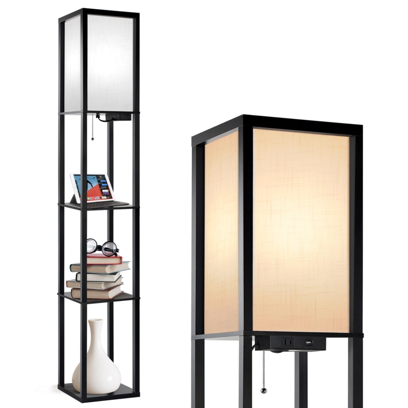 Shelf Floor Lamp Black Metal Wood Toned Cylindrical Linen Shade USB