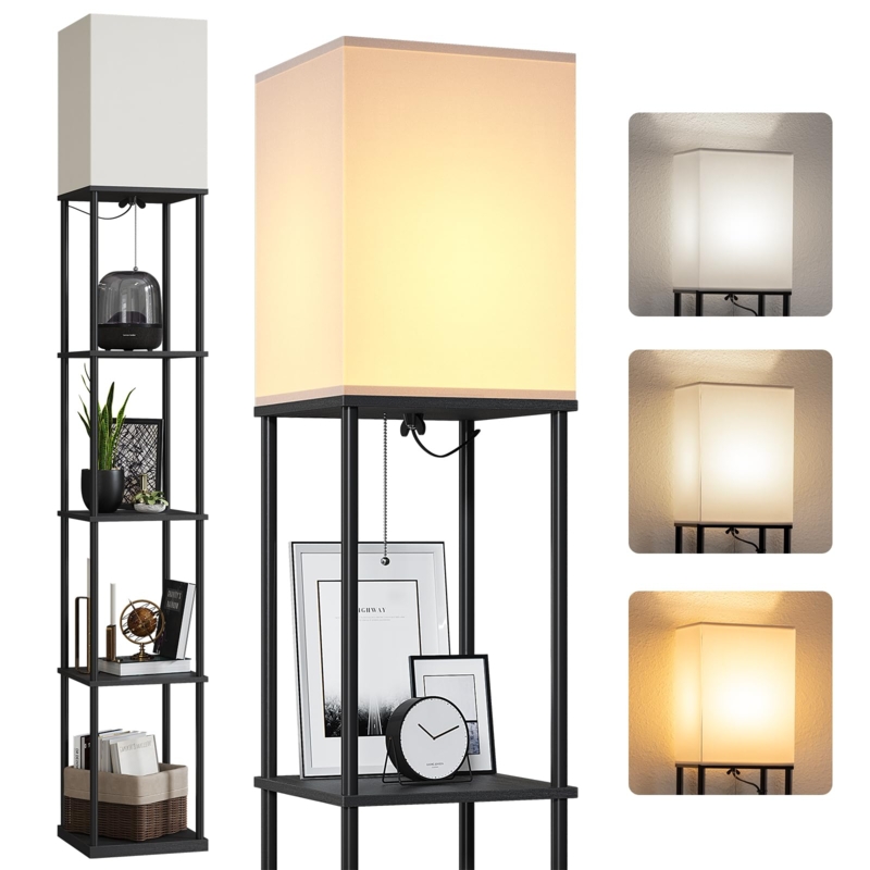 Shelf Floor Lamp Five Tier Shelving Square Shade Minimalist Storage