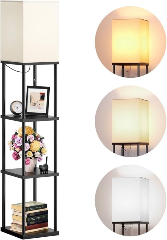 Shelf Floor Lamp Integrated Shelving Square Shade Matte Black Finish