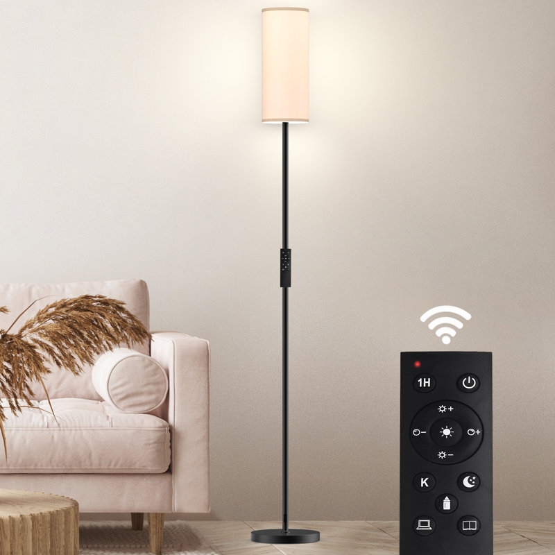 Shelf Floor Lamp Metal Frame Wood-Toned Tiers Gray Fabric Shade